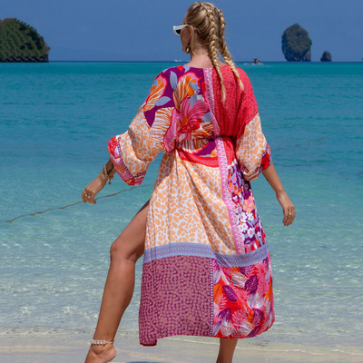 Φόρεμα για κάλυψη θέσης παραλίας Εκτύπωση Rayon Vacation Long Cardigan Φόρεμα αντηλιακής προστασίας Φορέματα παραλίας