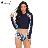 Naiste kaheosaline ujumistrikoo, pikkade varrukatega, lilleprintidega ujumisriided, vanaaegsed pleissitud rannariided 2022. aasta suvi, uus mood, surfamise ujumiskostüümid