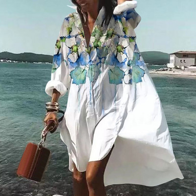 Kevadsuvi vabaaja vabad suures suuruses särgid Kleit trükitud revääriga pikkade varrukatega nööbid Ebaregulaarne kleit Rannaseksikad peokleidid