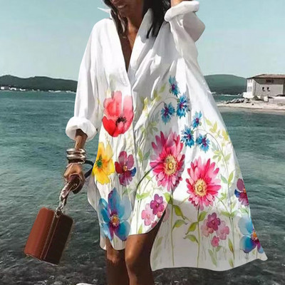 Kevadsuvi vabaaja vabad suures suuruses särgid Kleit trükitud revääriga pikkade varrukatega nööbid Ebaregulaarne kleit Rannaseksikad peokleidid