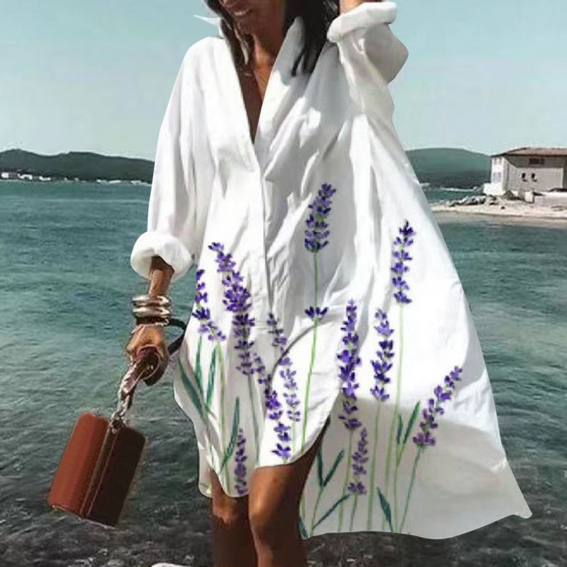 Kevadsuvi vabaaja vabad suures suuruses särgid Kleit trükitud revääriga pikkade varrukatega nööbid Ebaregulaarne kleit Rannaseksikad peokleidid