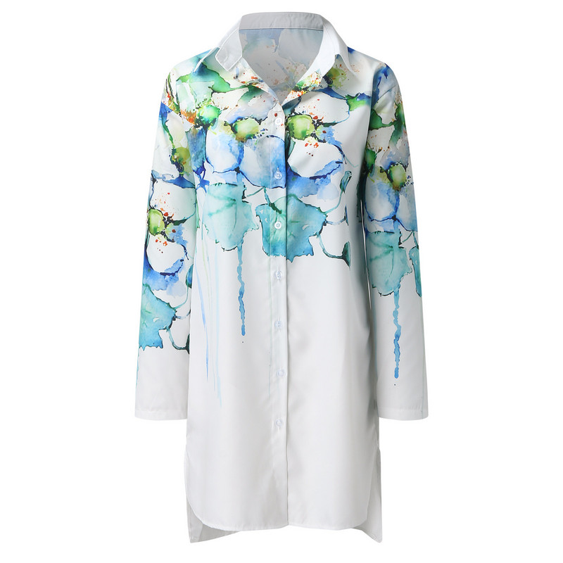 Kevadsuvi vabaaja vabad suures suuruses särgid Kleit trükitud revääriga pikkade varrukatega nööbid Ebaregulaarne kleit Rannaseksikad peokleidid