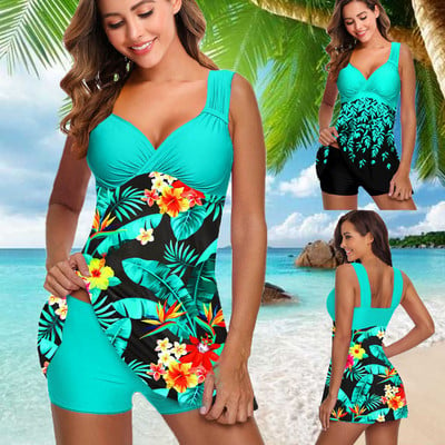 Plus Size Two Pieces Swimsuits Swimwear Women Flower Print Summer Large Bathing Suits Tankini Beachwear Sexy Bikini Swimdress