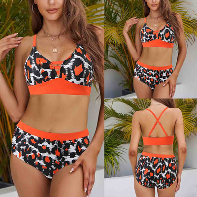 Sieviešu mode atdala krāsu bloķējošu leoparda raksta peldkostīmu ar krūštura paliktņiem un bez tērauda krūštura Sieviešu peldkostīmu bikini