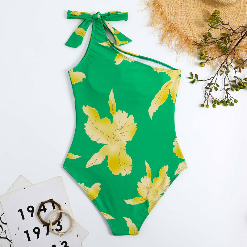 Poole õla volangidega Vintage Flora Print Bikiinikomplektid Naiste ujumistrikoo ja seelik Seksikad asümmeetrilised ühes tükis ujumisriided Rannas suplemine