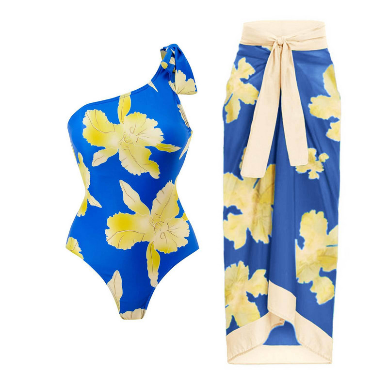 Poole õla volangidega Vintage Flora Print Bikiinikomplektid Naiste ujumistrikoo ja seelik Seksikad asümmeetrilised ühes tükis ujumisriided Rannas suplemine