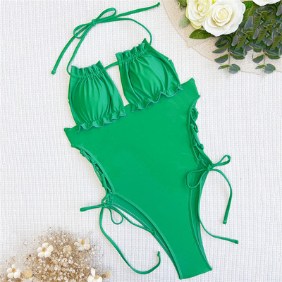Costume de baie cu faldă verde sexy, cu pliuri, cu volan, 2023 Costum de baie cu picior înalt, monokini, cu șireturi laterale