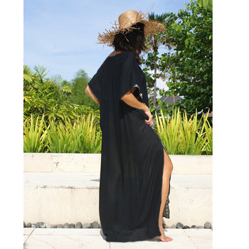 Μαύρο κεντημένο φόρεμα παραλίας Kaftan Pareo Sarongs Sexy Cover-Up Bikini Loose Tunic Μαγιό Cover Ups Robe De Plage