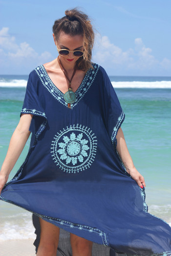 Μαύρο κεντημένο φόρεμα παραλίας Kaftan Pareo Sarongs Sexy Cover-Up Bikini Loose Tunic Μαγιό Cover Ups Robe De Plage