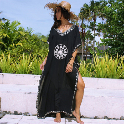 Melna, izšūta pludmales kleita Kaftan Pareo Sarongs Sexy Cover-Up Bikini Brīvs Tunika Peldkostīms Peldkostīmi Cover Ups Robe De Plage