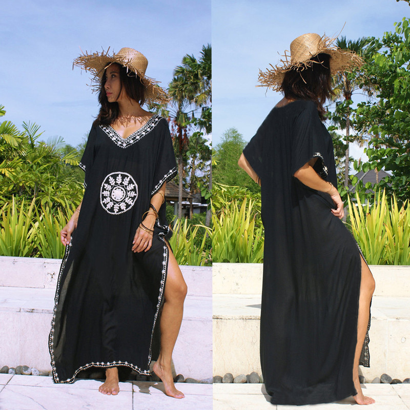 Melna, izšūta pludmales kleita Kaftan Pareo Sarongs Sexy Cover-Up Bikini Brīvs Tunika Peldkostīms Peldkostīmi Cover Ups Robe De Plage