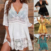 Peldkostīmu pārklājums ar V veida kakla izgriezumu ar pusi piedurknēm, caurspīdīgs pārklājums, tamborēta mežģīņu pušķu bumba peldbaseinam