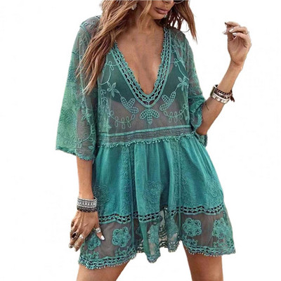 Peldkostīmu pārklājums ar V veida kakla izgriezumu ar pusi piedurknēm, caurspīdīgs pārklājums, tamborēta mežģīņu pušķu bumba peldbaseinam