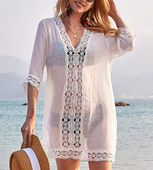 Yiiciovy Rochie de acoperire pentru bikini pentru femei, cu mâneci 3/4, cu decolteu în V, dantelă, mozaic, scobit, transparente, largi, rochii de plajă de vară