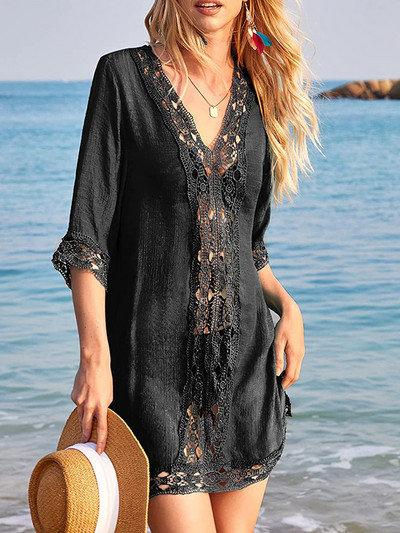 Yiiciovy Rochie de acoperire pentru bikini pentru femei, cu mâneci 3/4, cu decolteu în V, dantelă, mozaic, scobit, transparente, largi, rochii de plajă de vară