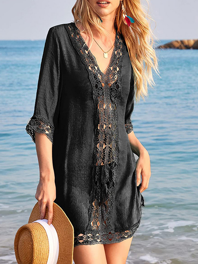 Yiiciovy Rochie de acoperire pentru bikini pentru femei, cu mâneci 3/4, cu decolteu în V, dantelă, mozaic, scobit, transparente, largi, rochii de plajă de vară