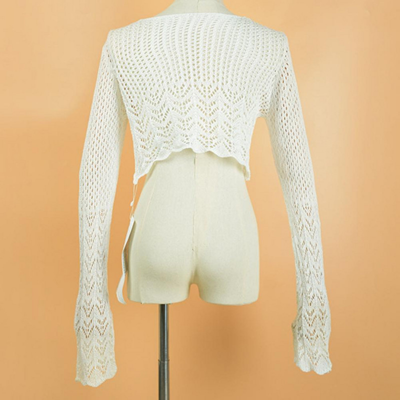 Αντηλιακή μπλούζα Γυναικεία ένδυση με λαιμόκοψη V με μακρυμάνικο μπικίνι με ομφαλό με κάλυμμα μπροστά με κορδόνι πλεκτό διαφανές δίχτυ