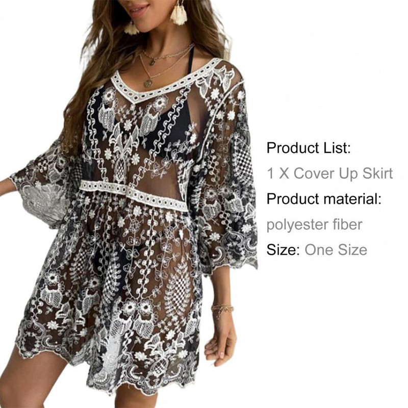 Φόρεμα με λαιμόκοψη με φαρδιά εφαρμογή 3/4 με μεγάλο στρίφωμα αντηλιακό φόρεμα κέντημα με βελονάκι σχέδιο δαντέλα με κάλυψη Φόρεμα κέντημα λουλούδι