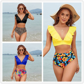 Lilleline volangidega äärisega bikiinikomplekt naiste Flora V-kaelusega kõrge vöökohaga kaheosaline ujumistrikoo 2022 Tüdrukute rannas ujumistrikoo Ujumisriided Bikiinid