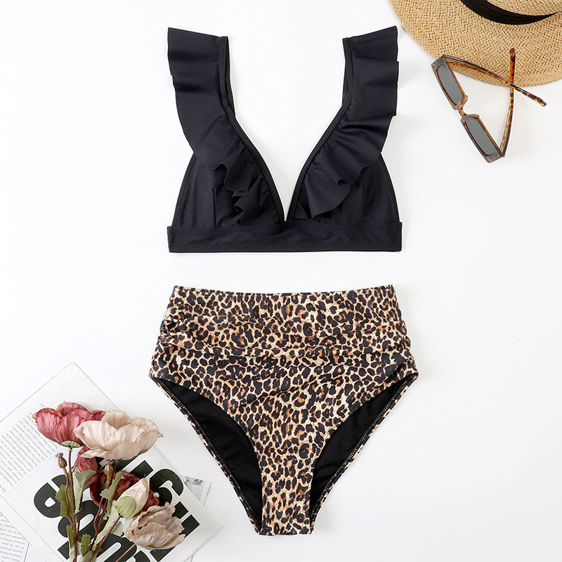 Lilleline volangidega äärisega bikiinikomplekt naiste Flora V-kaelusega kõrge vöökohaga kaheosaline ujumistrikoo 2022 Tüdrukute rannas ujumistrikoo Ujumisriided Bikiinid