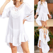 Sieviešu vasaras blūze ar garām piedurknēm doba kleita, liela, cieta pludmales svārki bez aizmugures Eleganta temperamenta brīvas ikdienas kleitas