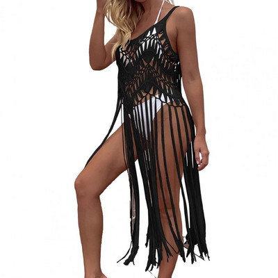 Sieviešu pludmales kleita, piemērota vasaras bikini, pārsegs, dobs, caurredzams, bez piedurknēm, garš pušķis, trikotāžas sauļošanās līdzeklis vienkrāsains, plāns Wo