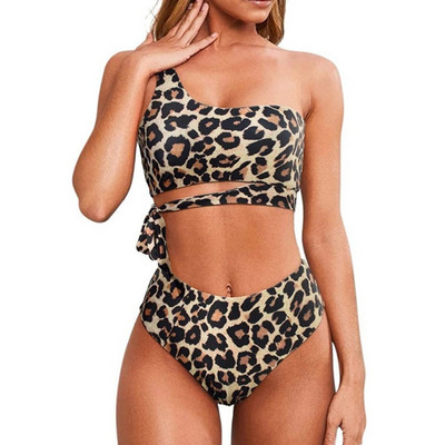 Δύο τεμάχια μαγιό για γυναίκες κορίτσι Sexy Lace Up Σετ μπικίνι μόδας Μαγιό με έναν ώμο Leopard print Μαγιό Ins 24BD