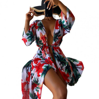 Läbipaistev Skin Touch UV-vastane klassikaline lilleliste lehtede mustriga suvine ujumistrikoo mantel Naiste keeb ja rannariided