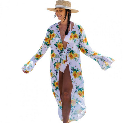 Läbipaistev Skin Touch UV-vastane klassikaline lilleliste lehtede mustriga suvine ujumistrikoo mantel Naiste keeb ja rannariided