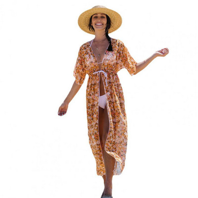 Läbipaistev Skin Touch UV-vastane klassikaline lilleliste lehtede mustriga suvine ujumistrikoo mantel Naiste keeb ja rannariided