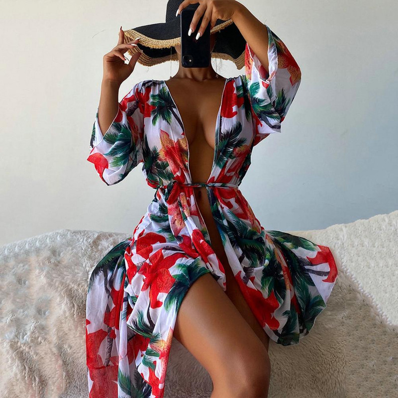 Läbipaistev Skin Touch UV-vastane klassikaline lilleliste lehtede mustriga suvine ujumistrikoo mantel Naiste keeb ja rannariided