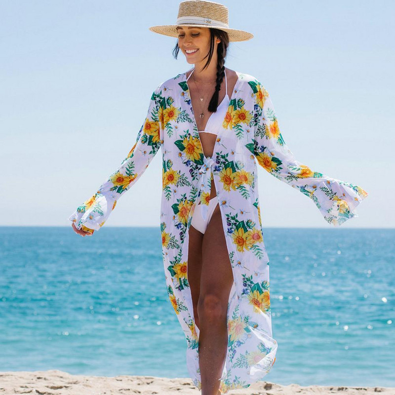 Läbipaistev Skin Touch UV-vastane klassikaline lilleliste lehtede mustriga suvine ujumistrikoo mantel Naiste keeb ja rannariided
