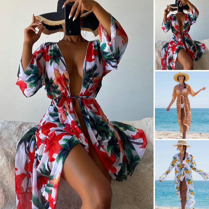 Läbipaistev Skin Touch UV-vastane klassikaline lilleliste lehtede mustriga suvine ujumistrikoo mantel Naiste keeb ja rannariided