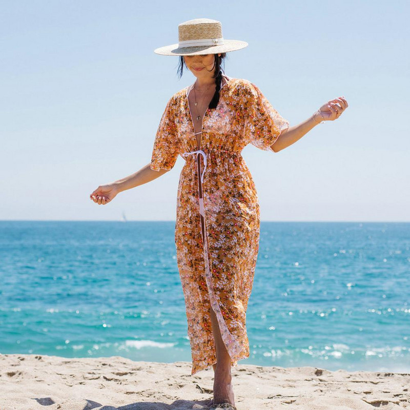 Läbipaistev Skin Touch UV-vastane klassikaline lilleliste lehtede mustriga suvine ujumistrikoo mantel Naiste keeb ja rannariided