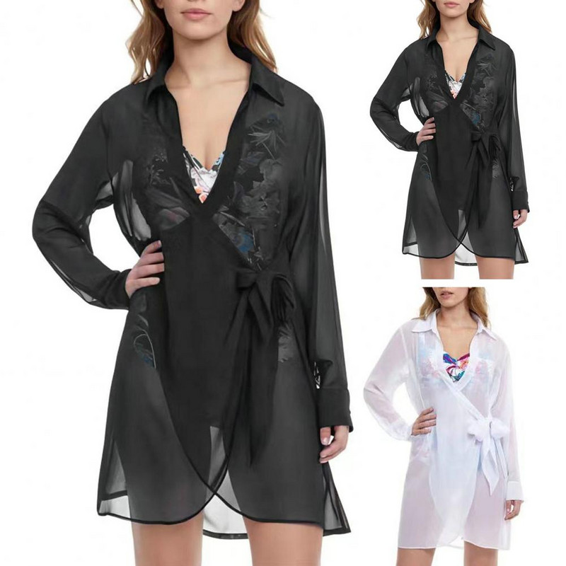 Anti-UV lélegző egyszínű perspektíva bikini Cover Up Shirt Strandruházat