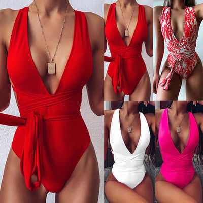 2022 Sexy Femei Monokini Gât în V Costum de baie dintr-o bucată Costum de baie cu talie înaltă Bikini fără spate Costum de baie Bandaj Barher Beachwear