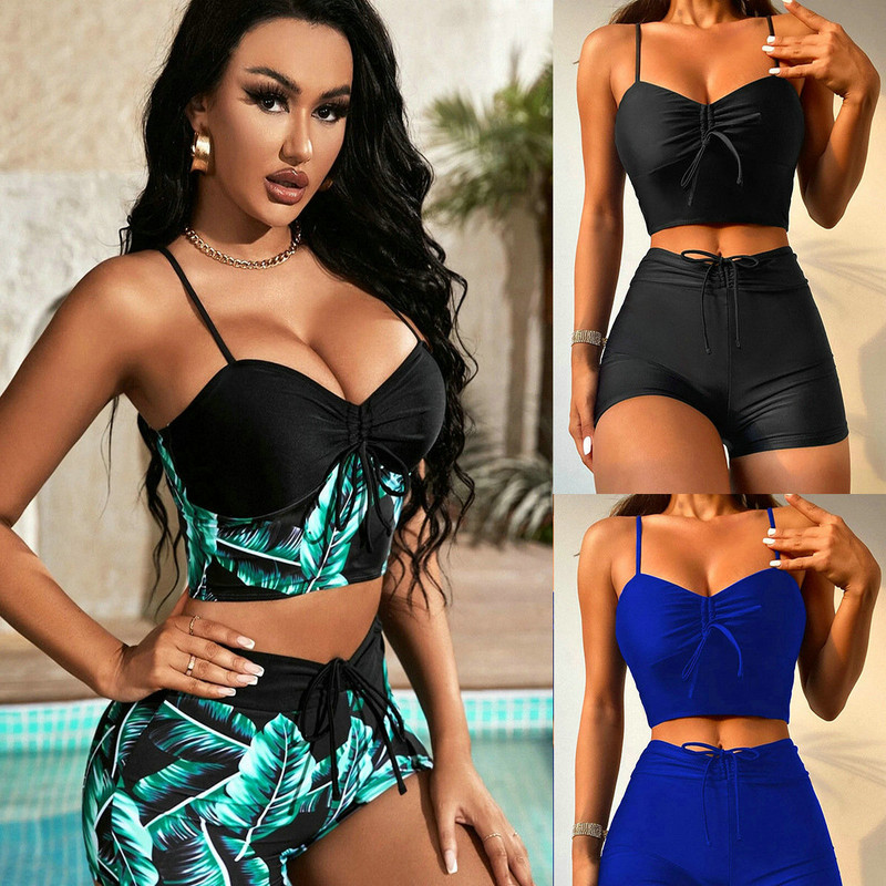 Naiste ujumiskostüümid bikiinide komplektid ujumistrikoo, naiste lõhestatud kõrge vöökohaga lameda nurgaga paelad Print INS võrgupunased bikiinid ujumistrikoo YB19