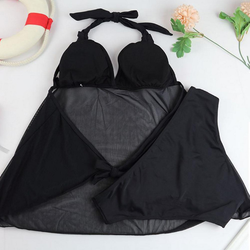 Caurspīdīgs Tankini Badpak Vrouwen Sexy Kant Mesh Bikini 2 Top Pak Badmode Vrouwelijke Badpak Halter Monokini ūdens aktivitātes