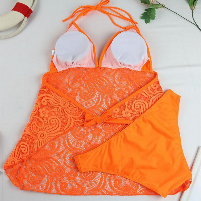 Caurspīdīgs Tankini Badpak Vrouwen Sexy Kant Mesh Bikini 2 Top Pak Badmode Vrouwelijke Badpak Halter Monokini ūdens aktivitātes