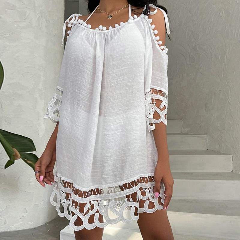 Sieviešu pludmales pārsegs bez aizmugures, dobas, puspiedurknes, mežģīnes, kakla, vasaras brīvdienas pludmales minikleita sieviešu apģērbi