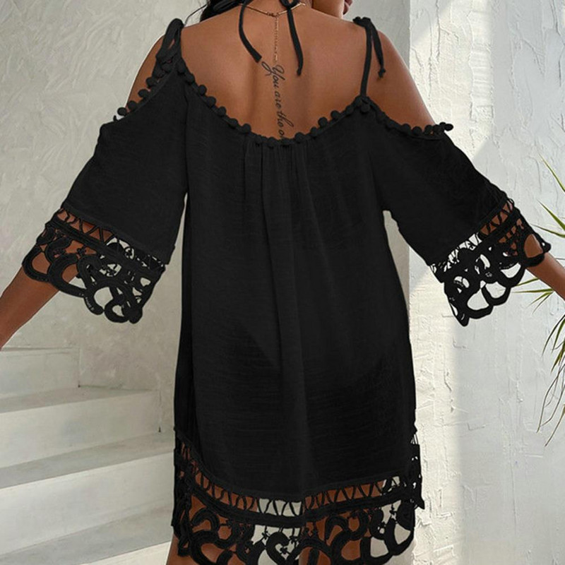 Sieviešu pludmales pārsegs bez aizmugures, dobas, puspiedurknes, mežģīnes, kakla, vasaras brīvdienas pludmales minikleita sieviešu apģērbi