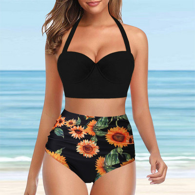 Set de bikini sexy de vară pentru femei 2023 Sutien căptușit cu push-up Costum de baie cu dungi florale Costum de baie din două piese Costume de baie Biquini