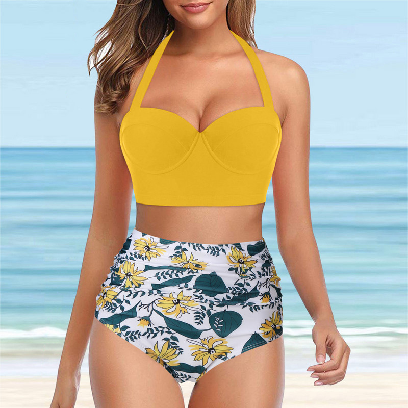 Set de bikini sexy de vară pentru femei 2023 Sutien căptușit cu push-up Costum de baie cu dungi florale Costum de baie din două piese Costume de baie Biquini