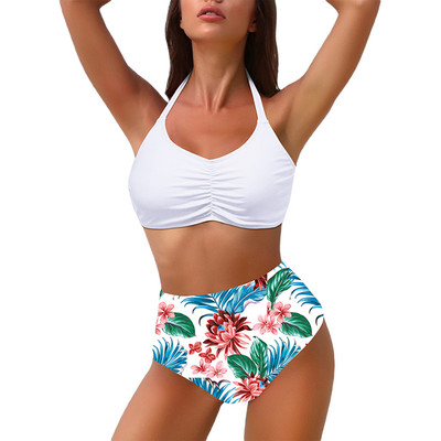 Naiste kaheosaline bikiinikomplekt, topeltrihmad, kaelarihmad, polsterdatud rinnahoidja + lillemustriga aluspüksid, rannaujumisriided