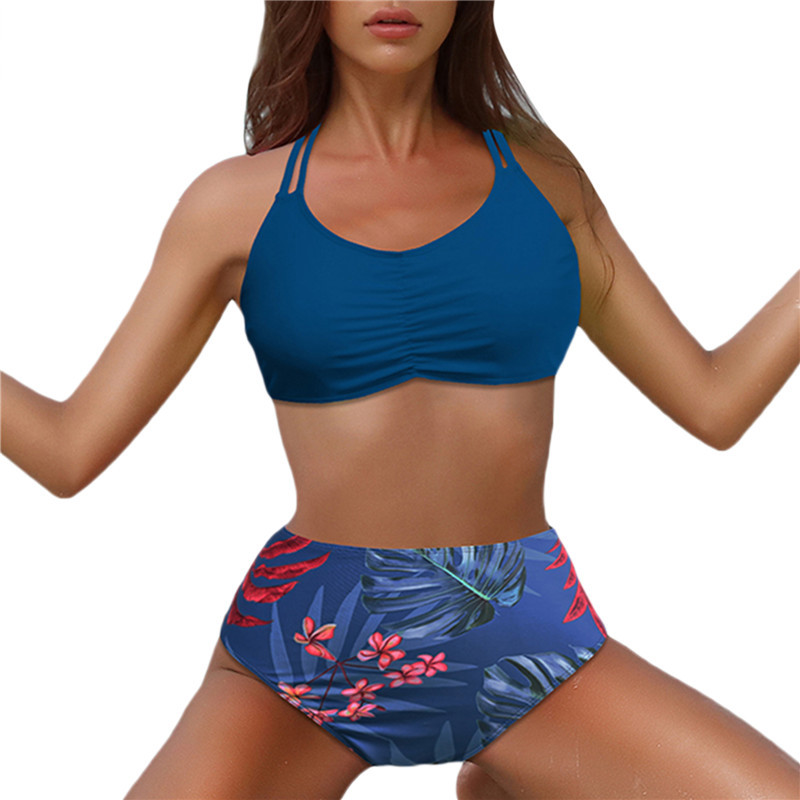 Naiste kaheosaline bikiinikomplekt, topeltrihmad, kaelarihmad, polsterdatud rinnahoidja + lillemustriga aluspüksid, rannaujumisriided