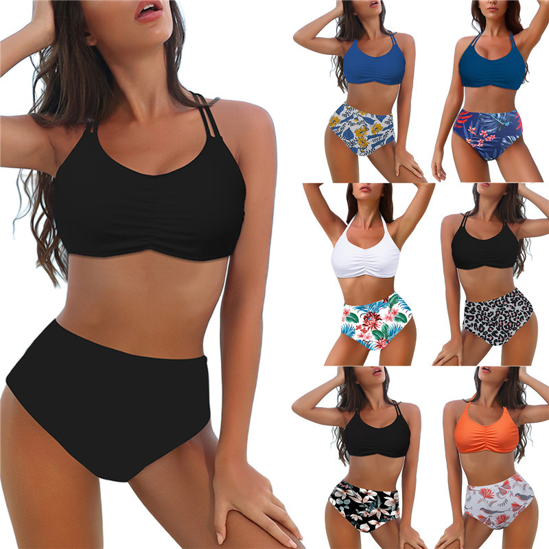 Naiste kaheosaline bikiinikomplekt, topeltrihmad, kaelarihmad, polsterdatud rinnahoidja + lillemustriga aluspüksid, rannaujumisriided