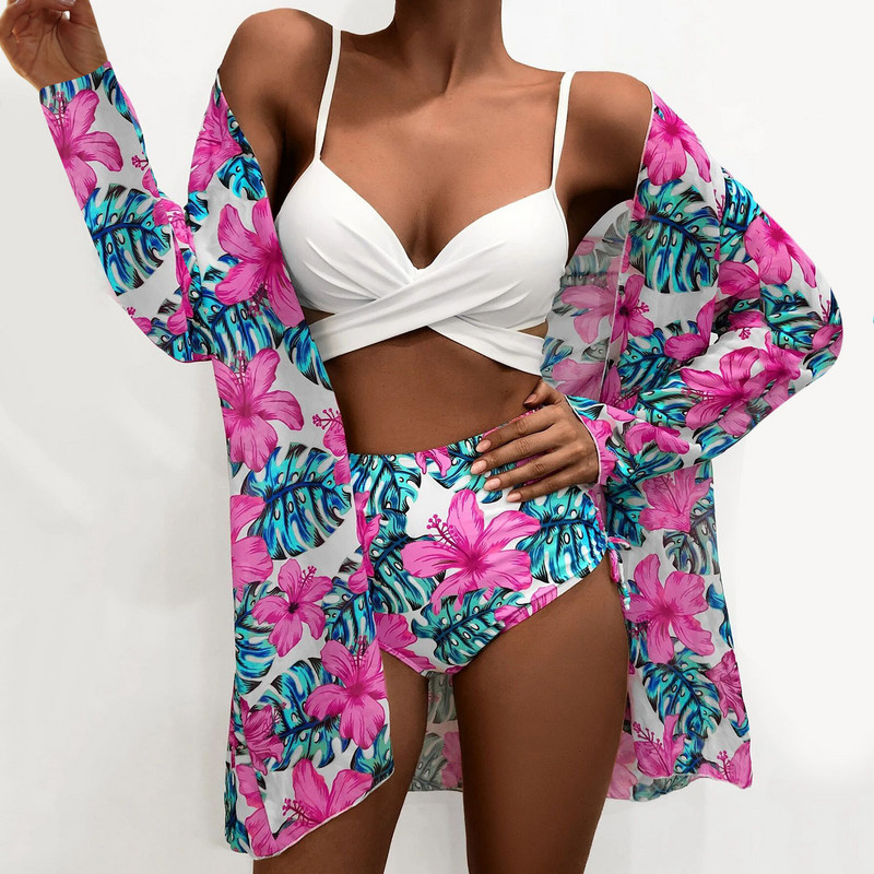 Női Crisscross karcsúsító bikini szexi hálós 3 részes magas derekú virágos fürdőruhák úszómelltartók ing alatt, hosszú ujjú fedővel