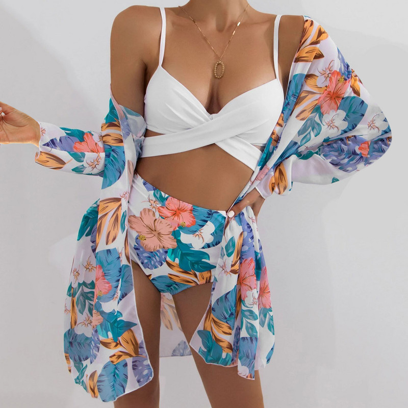 Női Crisscross karcsúsító bikini szexi hálós 3 részes magas derekú virágos fürdőruhák úszómelltartók ing alatt, hosszú ujjú fedővel