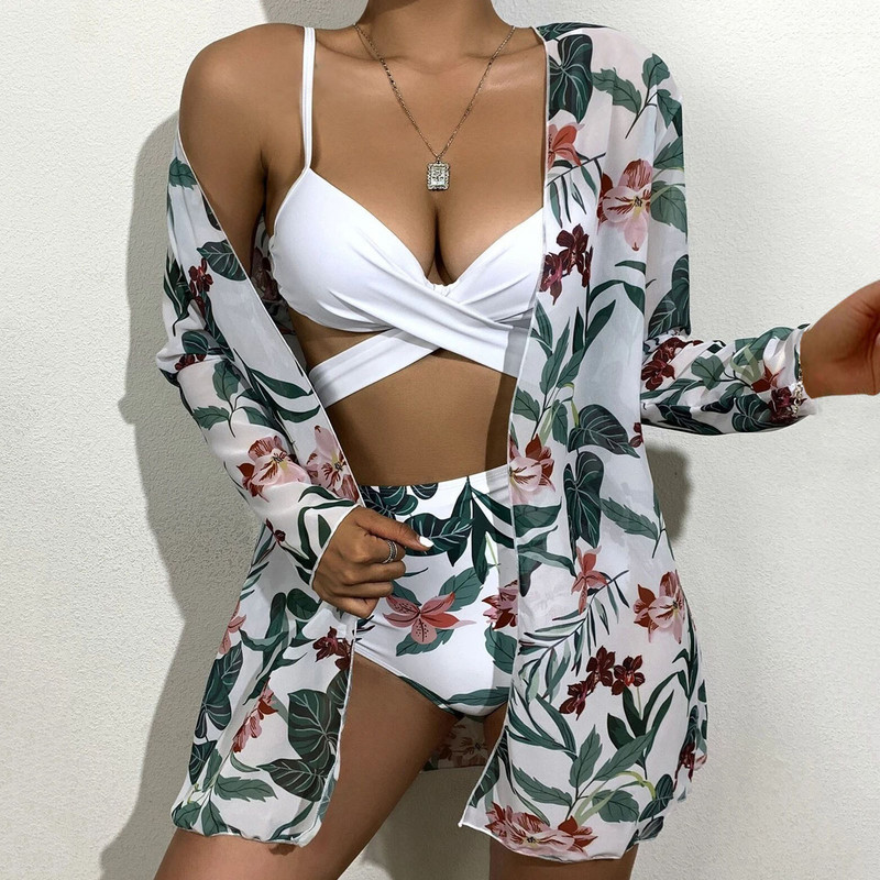 Női Crisscross karcsúsító bikini szexi hálós 3 részes magas derekú virágos fürdőruhák úszómelltartók ing alatt, hosszú ujjú fedővel