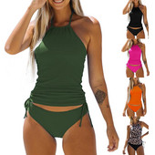 Costum de baie pentru damă, culoare uni, cu șnur lateral, gât cu șarur, tankini, set de bikini negri, costum din două piese, costume de baie, îmbrăcăminte de plajă